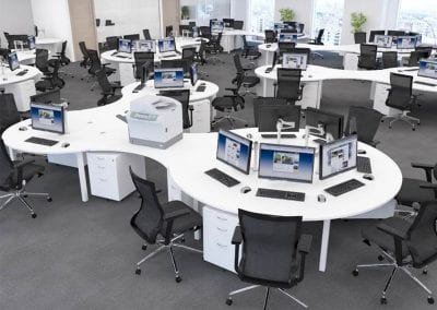 Modular Call Centre desks with metal legs, 3 drawer pedestal units and adjustable mesh back swivel chairs