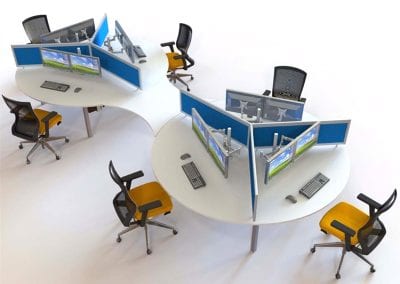 Modular Call Centre desks with metal legs, divider screens and adjustable mesh back swivel chairs