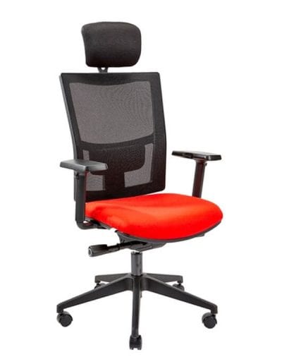 Black mesh and red fabric operators chair with wheeled swivel base, adjustable seat and back, head rest and arms