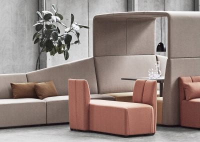 Designer meeting pod and seating solutions with optional table and in a range of fabric options