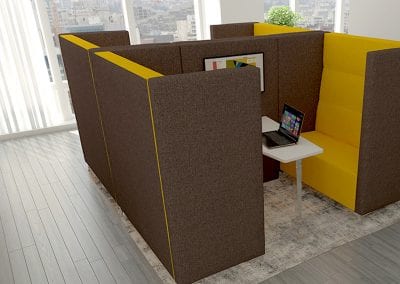 Rectangular modular meeting pods with high backs and integrated table