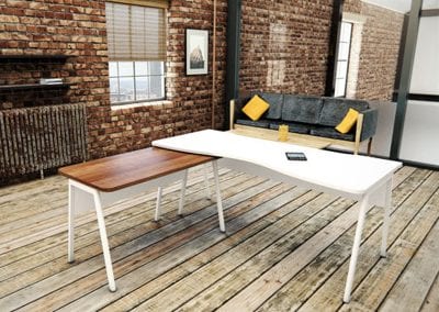 White double wave executive desk with matching walnut side desk, sofa and coffee table