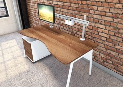 Home office wave desk with wood top, white metal frame, clamp on monitor rail and matching under desk drawer pedestal unit