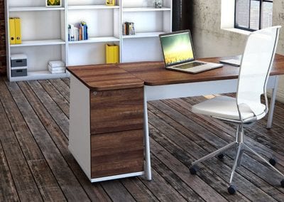 Designer dark wood desk with white metal legs, matching 2 drawer pedestal unit, white mesh back operator chair and height adjustable shelving units