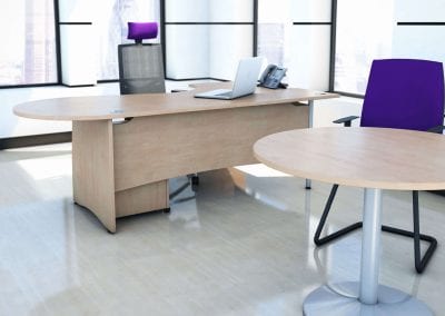 Executive wood effect desk, pedestal drawer, circular meeting table, mesh back executive chair and matching meeting chair