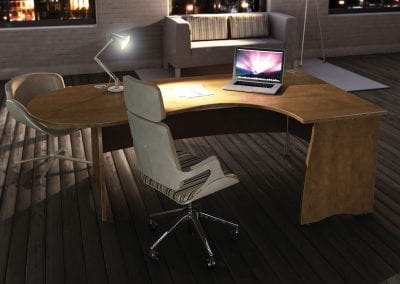 Wood veneer executive desk with integrated meeting table, cable ports, executive swivel chair, meeting chair and sofa