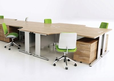 Wood effect desks with metal legs, integrated cable management, 3 drawer wheeled pedestal units and operator chairs