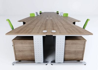 Wood effect desks with metal legs, integrated cable management, 3 drawer wheeled pedestal units and operator chairs