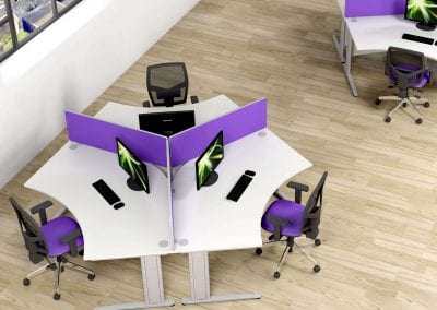 Call Centre desks with divider screens, metal legs and adjustable swivel chairs