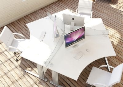 White desks with metal legs, desktop divider screens and white operator chairs