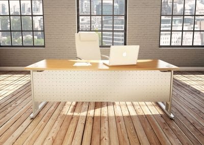 Executive desk with drilled metal modesty panel, metal legs, cable management and white leather executive chair