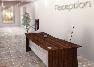 Double wave wood veneer reception desk with modesty panel, cable management ports and integrated monitor stand