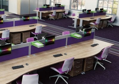 Wave form Call Centre desks with divider screens, 3 drawer pedestal units and adjustable swivel chairs