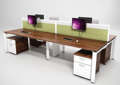 Walnut effect back to back bench desks with 2 drawer under desk pedestal units and divider screens