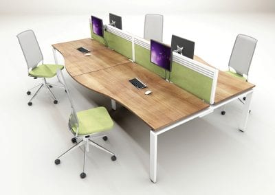 Wave front back to back bench desks, divider screens and mesh back operator chairs