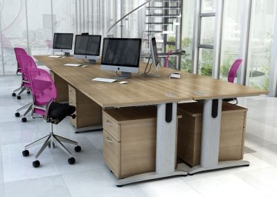 Oak effect beam desks with matching under desk 2 drawer pedestal units and mesh back operator chairs