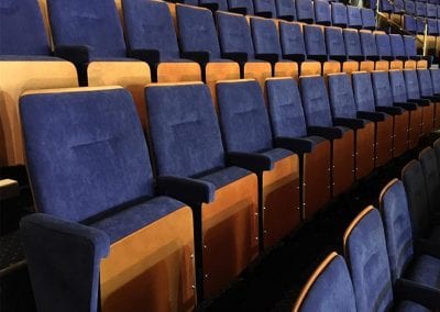 Rows of tiered lecture chairs with lift up seats