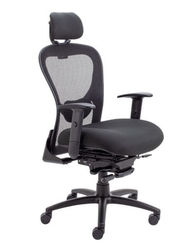 Black fully adjustable heavy duty operator chair, with mesh back, arm rest and head rest
