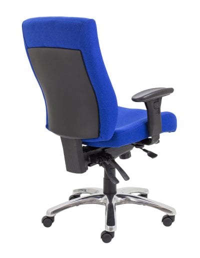Heavy duty operator chair with full adjustment levers and arms, chrome wheeled base and covered in blue fabric