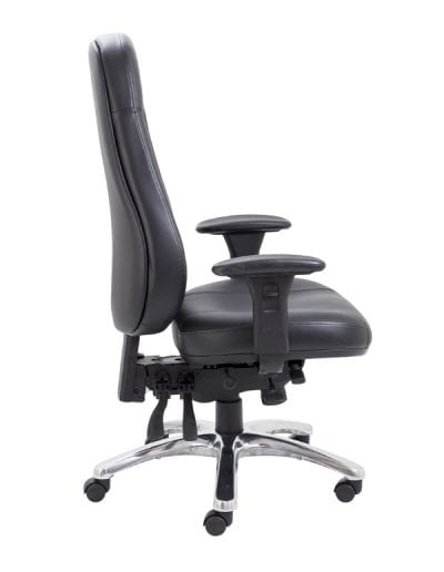 Black leather fully adjustable high back heavy duty operator chair with arm rests