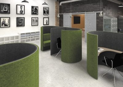 Curved workstation pods with integrated desks, black and chrome chairs and shelving storage cabinets