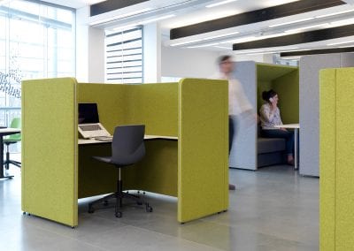 Square shaped workstation pod with integrated desk and swivel chair