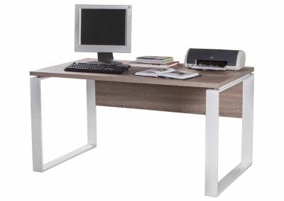 Designer home office desk with wood effect desktop and metal frame legs