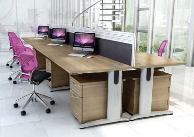 Wood effect desks with metal legs, integrated cable management, desktop divider screens, 2 drawer wheeled pedestal units and mesh back operator chairs