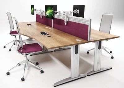 Wood effect desks with metal legs, integrated cable management, desktop divider screens and mesh back operator chairs