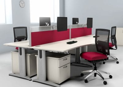 Wave front beam desks with light wood effect tops, metal legs, integrated cable management, desktop divider screens, 2 drawer under desk pedestal units and mesh back operator chairs