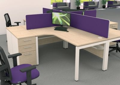 Light wood effect desks with metal legs, 3 drawer pedestal units, desktop divider screens and mesh back operator chairs