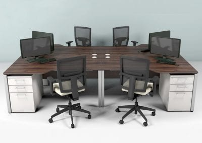 Dark wood effect desks with metal legs, 3 drawer pedestal units and mesh back operator chairs