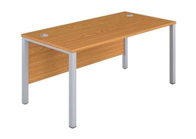 Wood effect contract desk with metal frame, modesty panel and cable ports