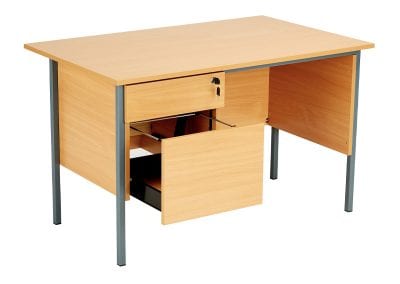 Wood effect contract desk with metal frame, modesty panel and drawers to lefthand side