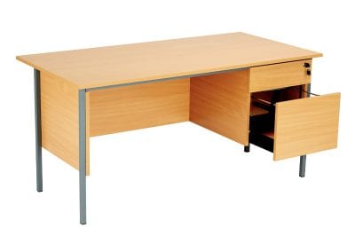 Wood effect contract desk with metal frame, modesty panel and drawers to righthand side