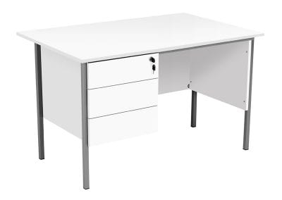 White contract desk with metal frame, modesty panels and 3 drawer under desk fixed pedestal unit