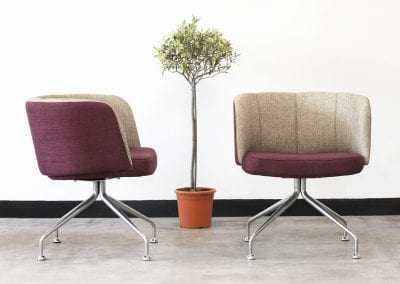 Designer burgundy and beige fabric occasional chairs with metal legs