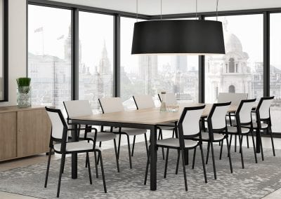 Elegant white and black boardroom chairs with arms around a wood effect boardroom table with black legs and matching Credenza