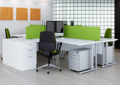 White desks with metal legs, mobile 3 drawer pedestal units, desktop divider screens and full adjustable operator chairs