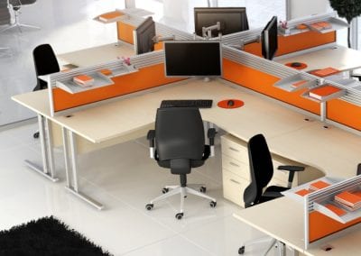 Wood effect corner desks with metal legs, matching 3 drawer pedestal units, desktop divider screens and fully adjustable operator chairs