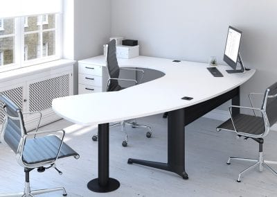 White and black executive desk with meeting table, 3 drawer pedestal unit and black leather and chrome designer chairs