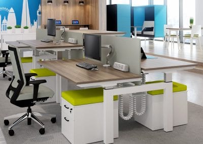 Double wood effect sit or stand height adjustable desks with cable management, desktop divider screens, matching pedestal drawer units and fully adjustable operators chair