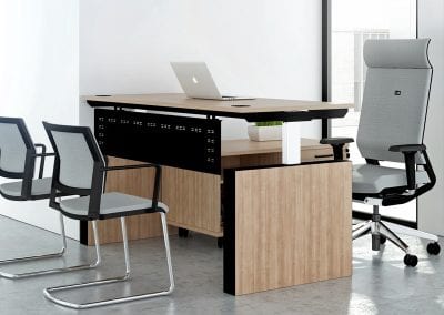 Height adjustable executive desk with integrated modesty panel, matching wheeled side table with integrated drawers and shelves, meeting chairs and fully adjustable operator chair