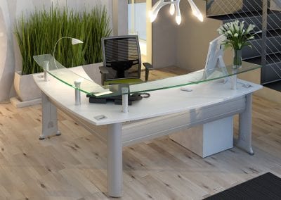 Modern white top, chunky metal framed reception desk with raised glass customer counters and mesh backed operators chair