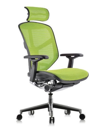 Lime green mesh fabric operators chair with wheeled swivel base, fully adjustable seat and back, head rest and arms