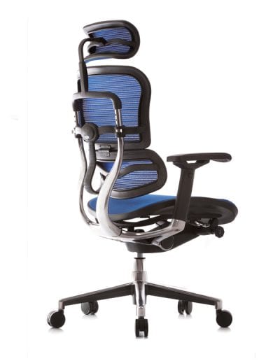 Blue mesh fully adjustable operators chair with swivel base, head rest and arms
