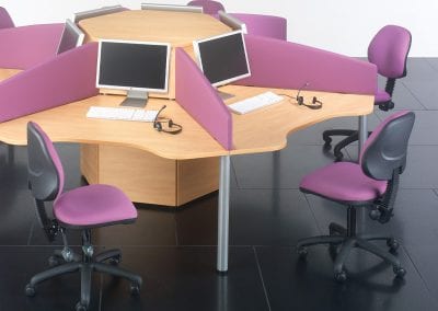 Call Centre workstation desks with divider screens and metal legs, and adjustable swivel operator chairs