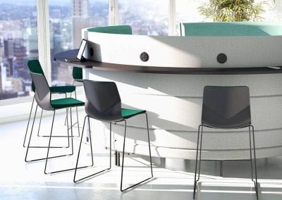 High backed circular meeting pod with outer high level counter, power sockets and complimentary wireframe high stools