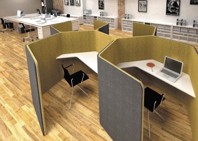Honeycomb shaped workstation booths with integrated desks, black and chrome chairs, beam desking and shelving storage cabinets