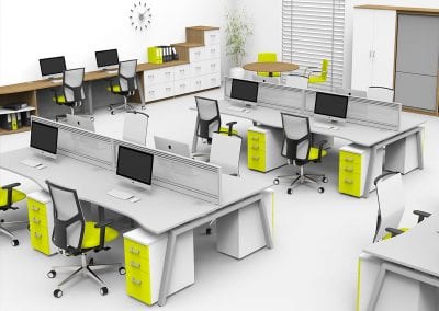 Office environment with back to back beam desking with desktop divider screens, 3 drawer under desk pedestal units, mesh back operator chairs, storage cupboard, tambour door cabinet and drawer storage units